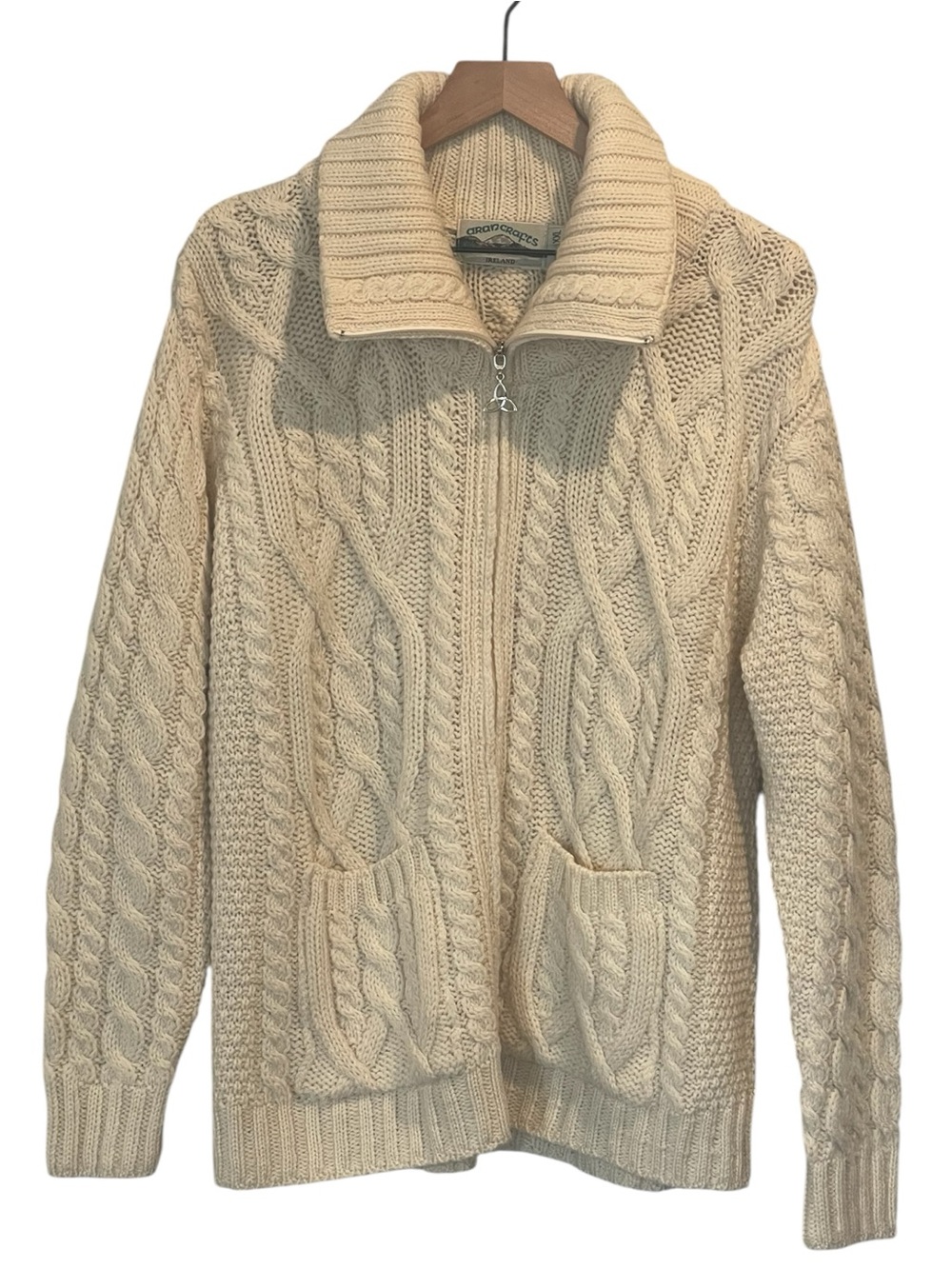 Aran Crafts 100% Merino Wool Cream Cable-Knit Full Zip Cardigan, High Collar,XXL